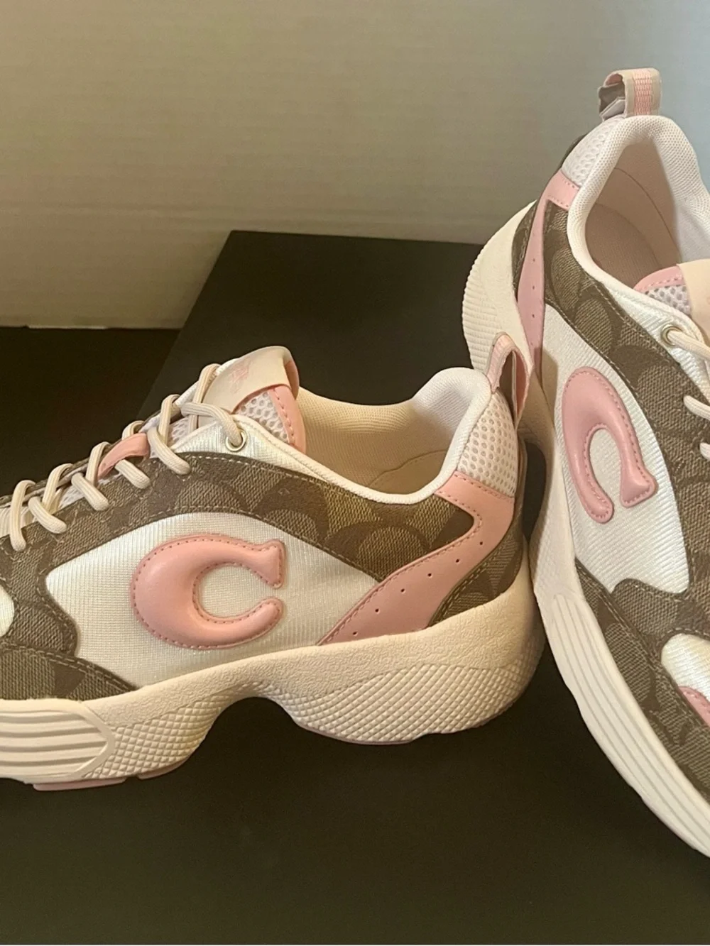Coach White, Brown & Pink Signature Platform Sneakers - Picture 4 of 11